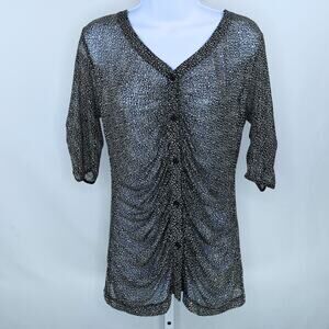 Sheer Ruched Button Up Blouse CAbi Sz M Animal Print Fall Layer Ruched Button Up